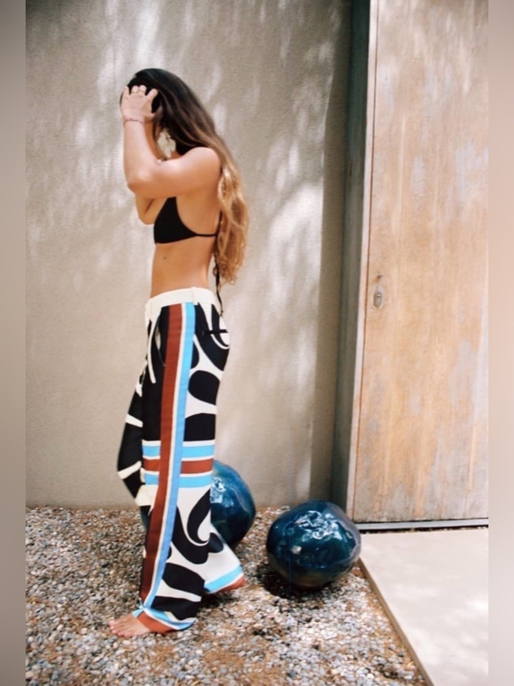ZARA Printed Satin-Feel Pants in Black/Cream with Blue & Brown Stripes - Picture 6 of 9